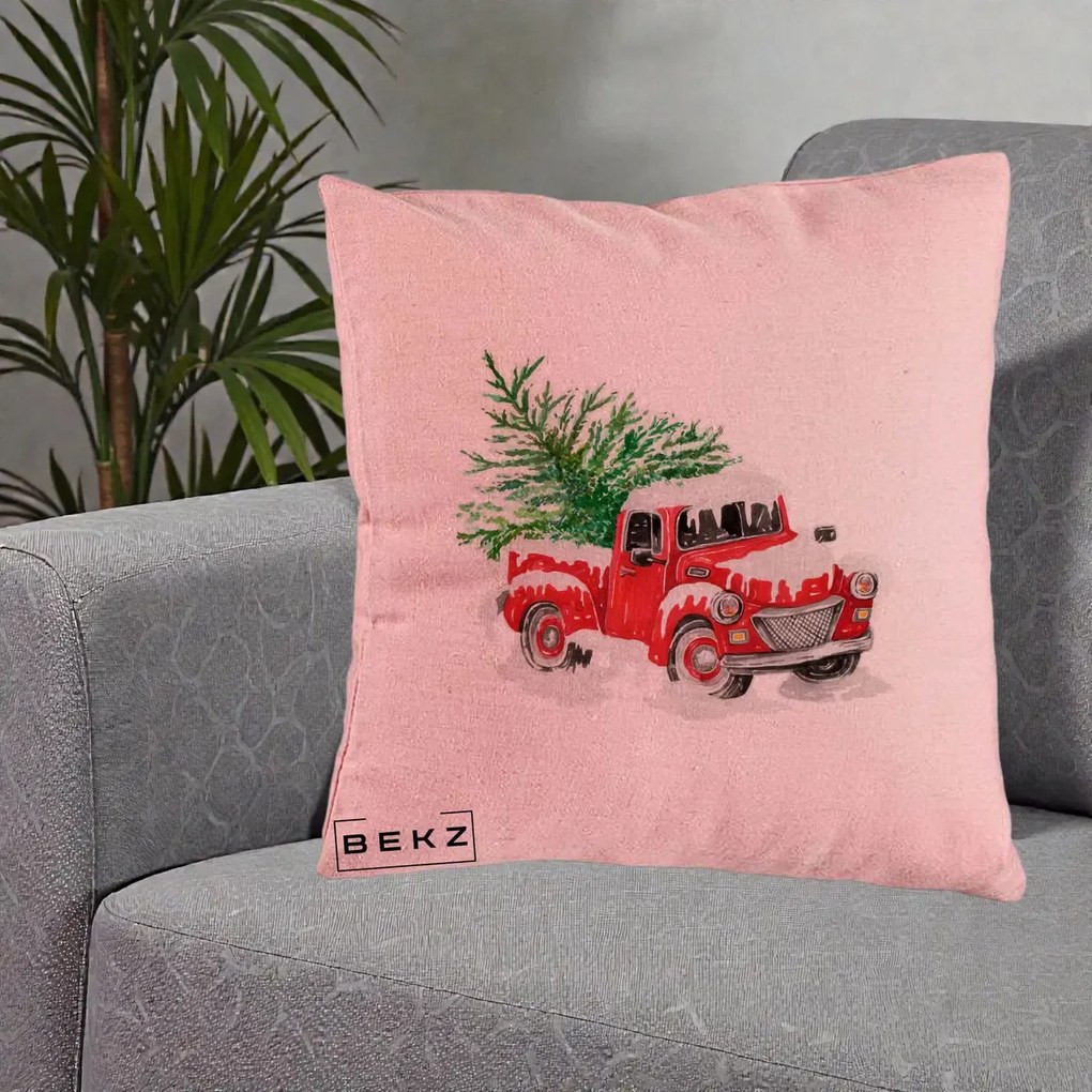 Perna Decorativa Camioneta Rosie Brad de Craciun, 40x40 cm, Roz, Husa Detasabila, Perna Inclusa, BEKZ®