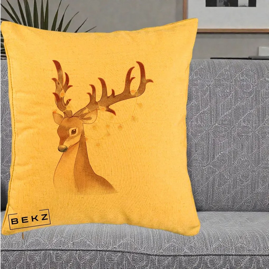 Perna Decorativa Ren cu Luminite de Craciun, 40x40 cm, Galben, Husa Detasabila, Perna Inclusa, BEKZ®