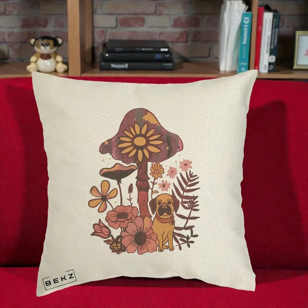 Perna Decorativa Ciuperca Caine Boho, 40x40 cm, Ecru, Husa Detasabila, Perna Inclusa, BEKZ®