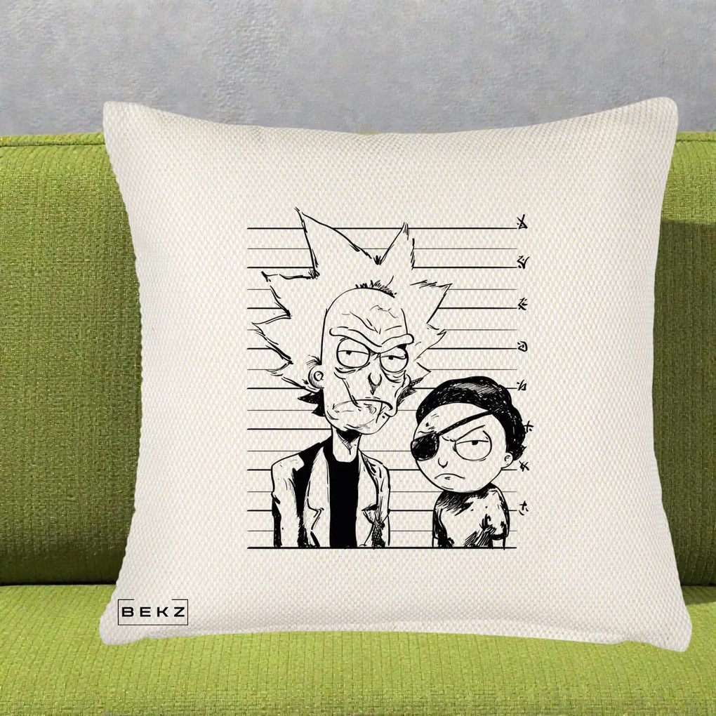 Perna Personalizata Rick si Morty Dosar, 40x40 cm, Crem Reliefat, Husa Detasabila, Perna Inclusa, BEKZ®