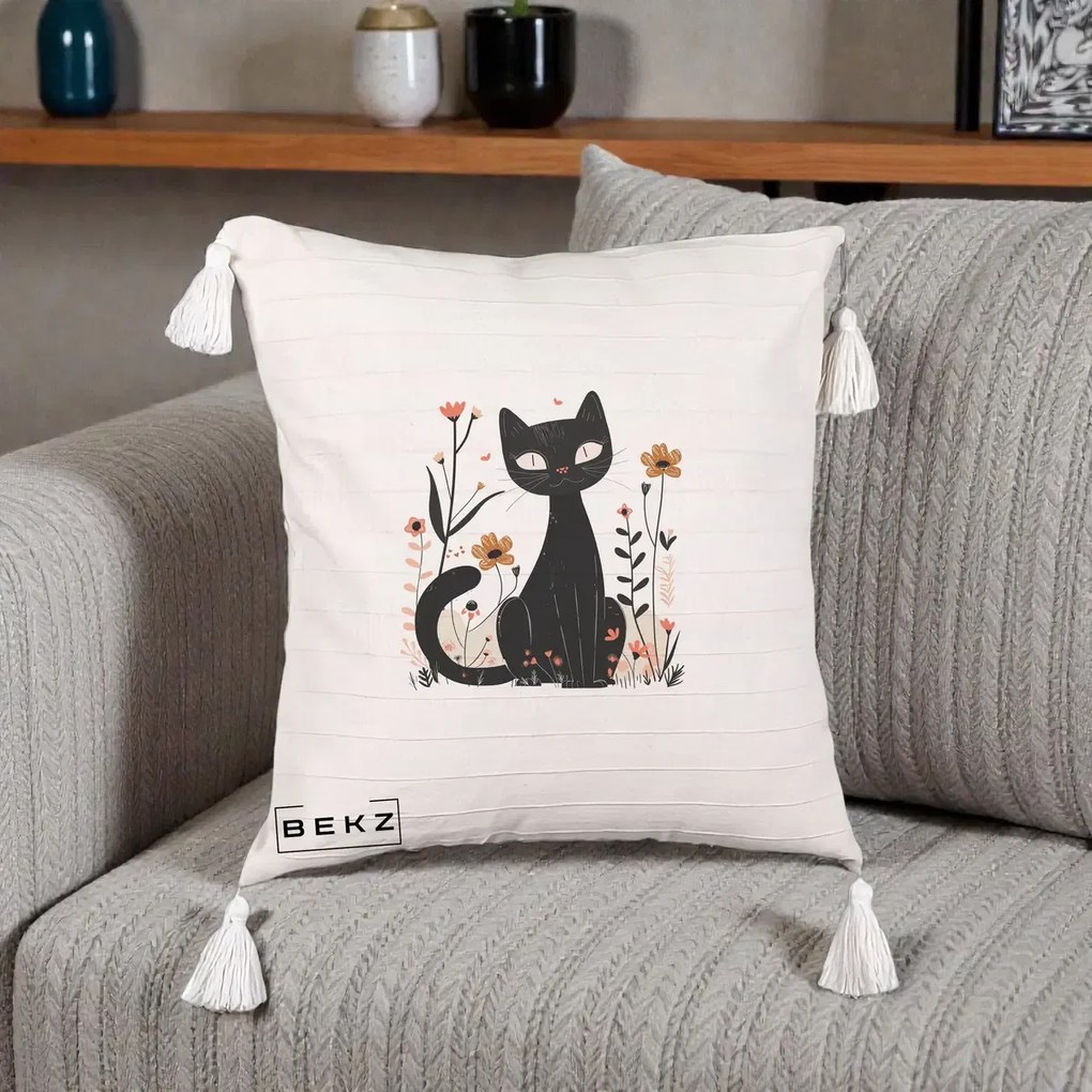 Perna Decorativa Pisica Neagra Flori Pastel Folk, 40x40 cm, Bej cu Franjuri, Husa Detasabila, Perna Inclusa, BEKZ®