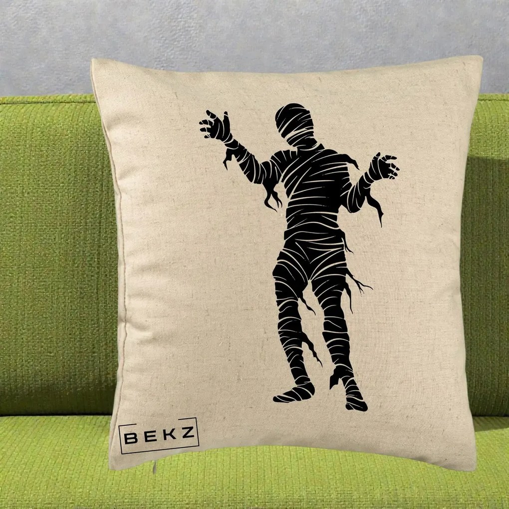Perna Decorativa Mormii Infricosat Silueta Neagra Halloween, 40x40 cm, Bej, Husa Detasabila, Perna Inclusa, BEKZ®