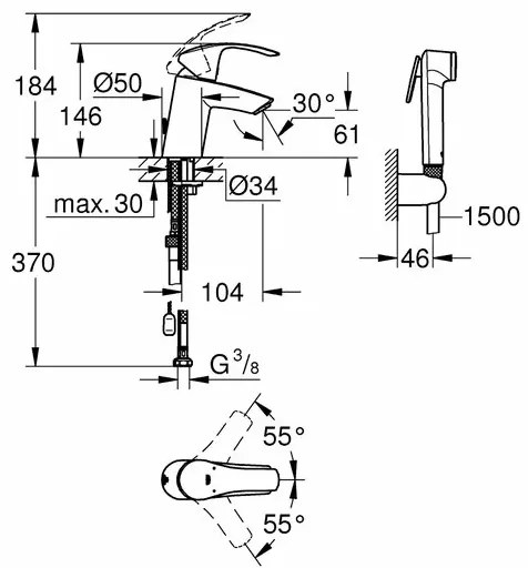 Baterie lavoar Grohe Eurosmart New cu dus igienic crom lucios