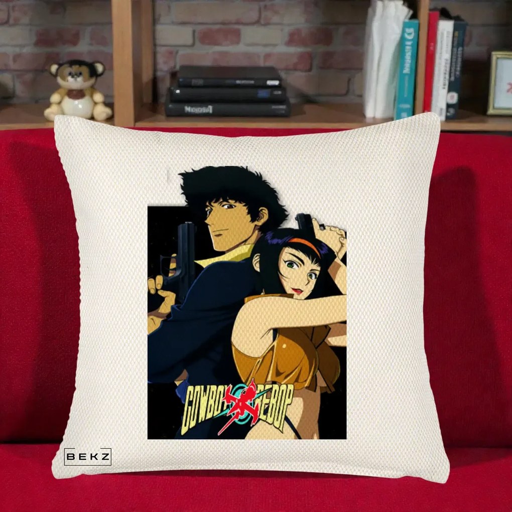 Perna Personalizata Cowboy Bebop Spike si Faye Poster, 40x40 cm, Crem Reliefat, Husa Detasabila, Perna Inclusa, BEKZ®