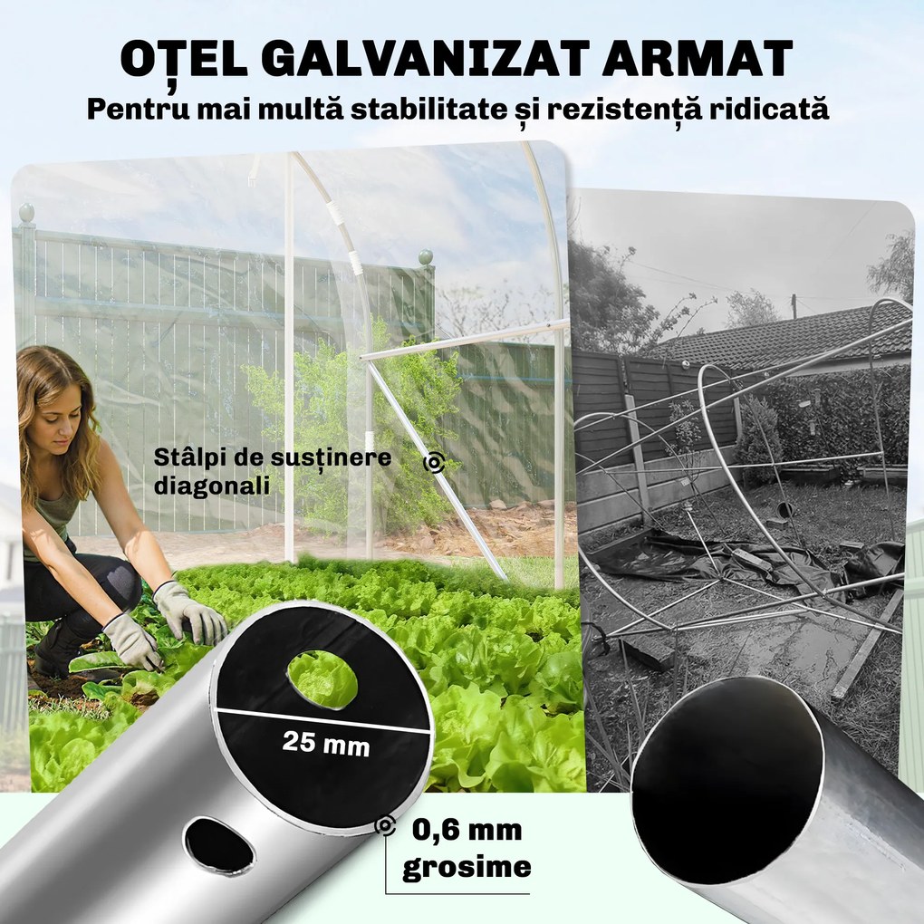 Outsunny Seră de Grădină Tip Tunel 2x3x2 m cu 2 Uși Rulabile, Seră pentru Legume, Flori și Fructe, cu 4 Bare Diagonale, Cadru din Oțel și Acoperiș PE, Transparentă | Aosom Romania