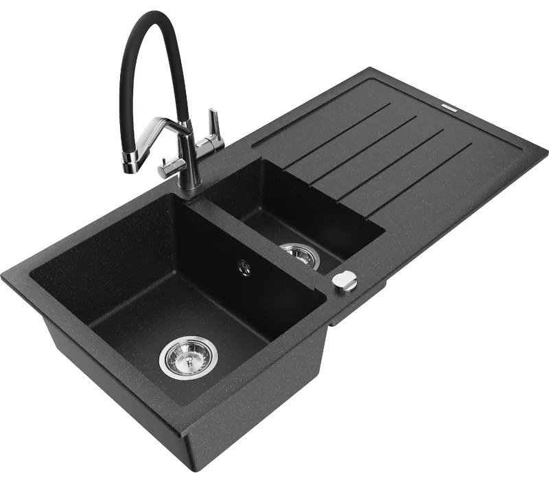 Mexen Andres chiuvetă de granit cu 1,5 cuve, picurător și baterie Duo, negru/argintiu metalic - 6515-73-671701-07