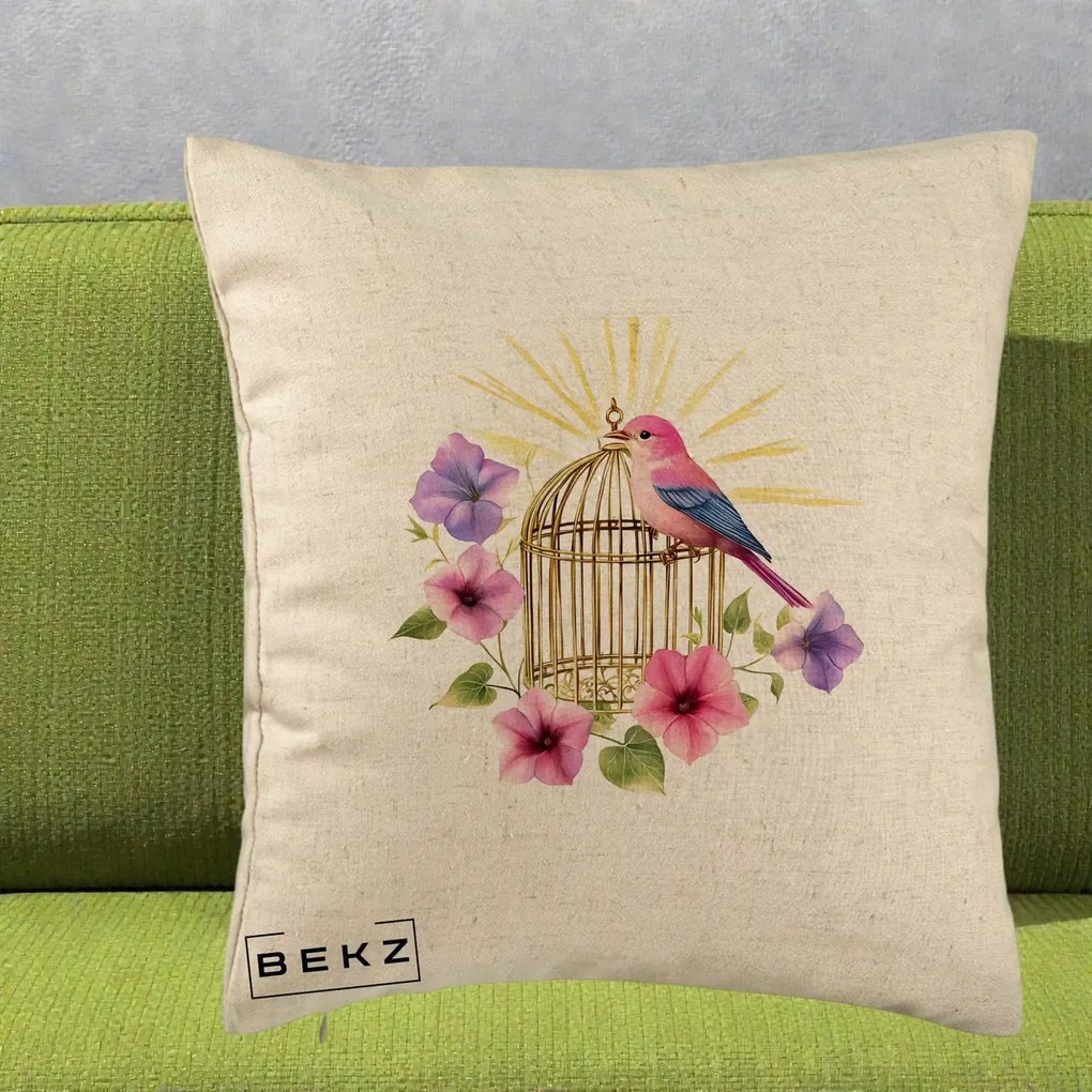 Perna Decorativa Pasare Roz pe Colivie Aurie cu Flori, 40x40 cm, Bej, Husa Detasabila, Perna Inclusa, BEKZ®