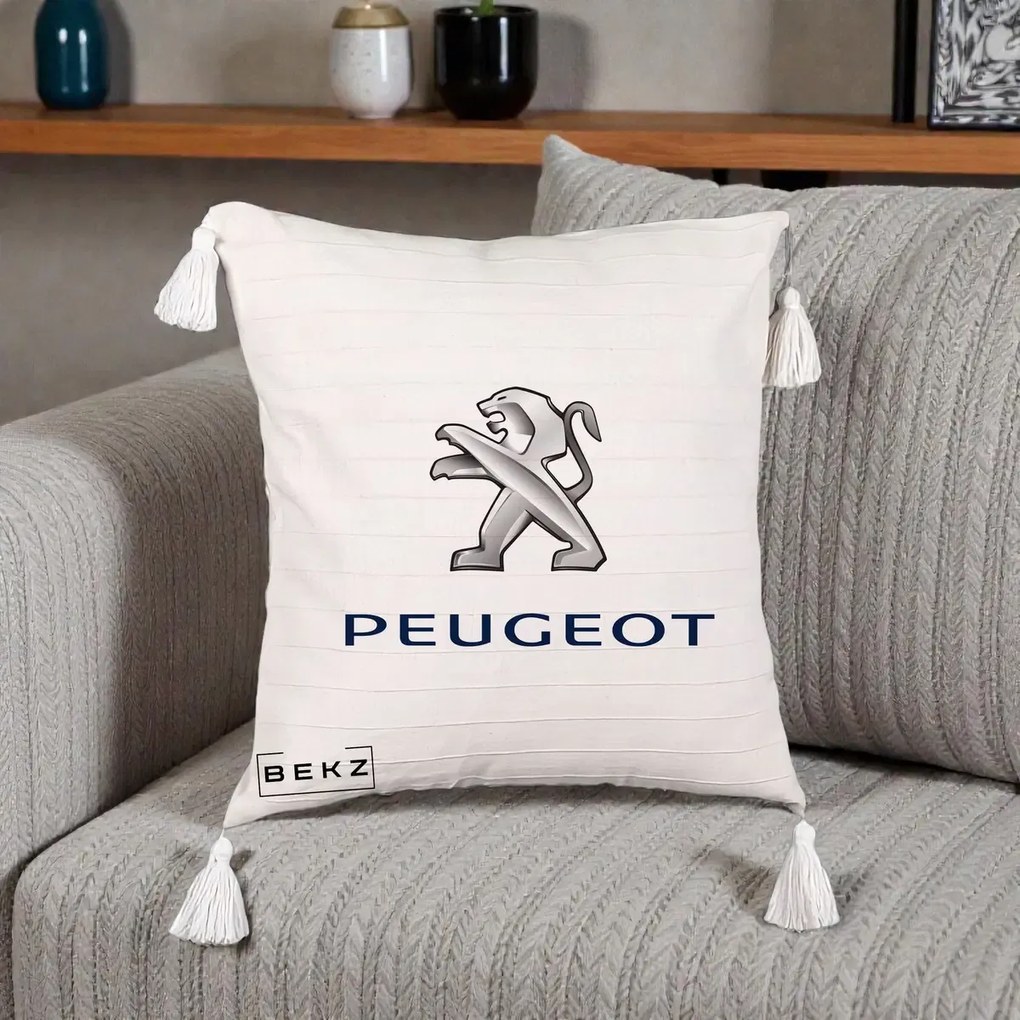 Perna Personalizata cu emblema Peugeot, 40x40 cm, Bej cu Franjuri, Husa Detasabila, Perna Inclusa, BEKZ®