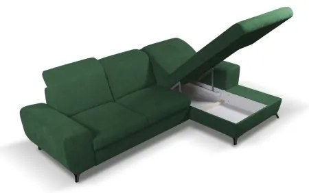 Colțar extensibil tapițat ALTA, cu șezlong pe partea dreaptă și spațiu de depozitare, formă L, verde