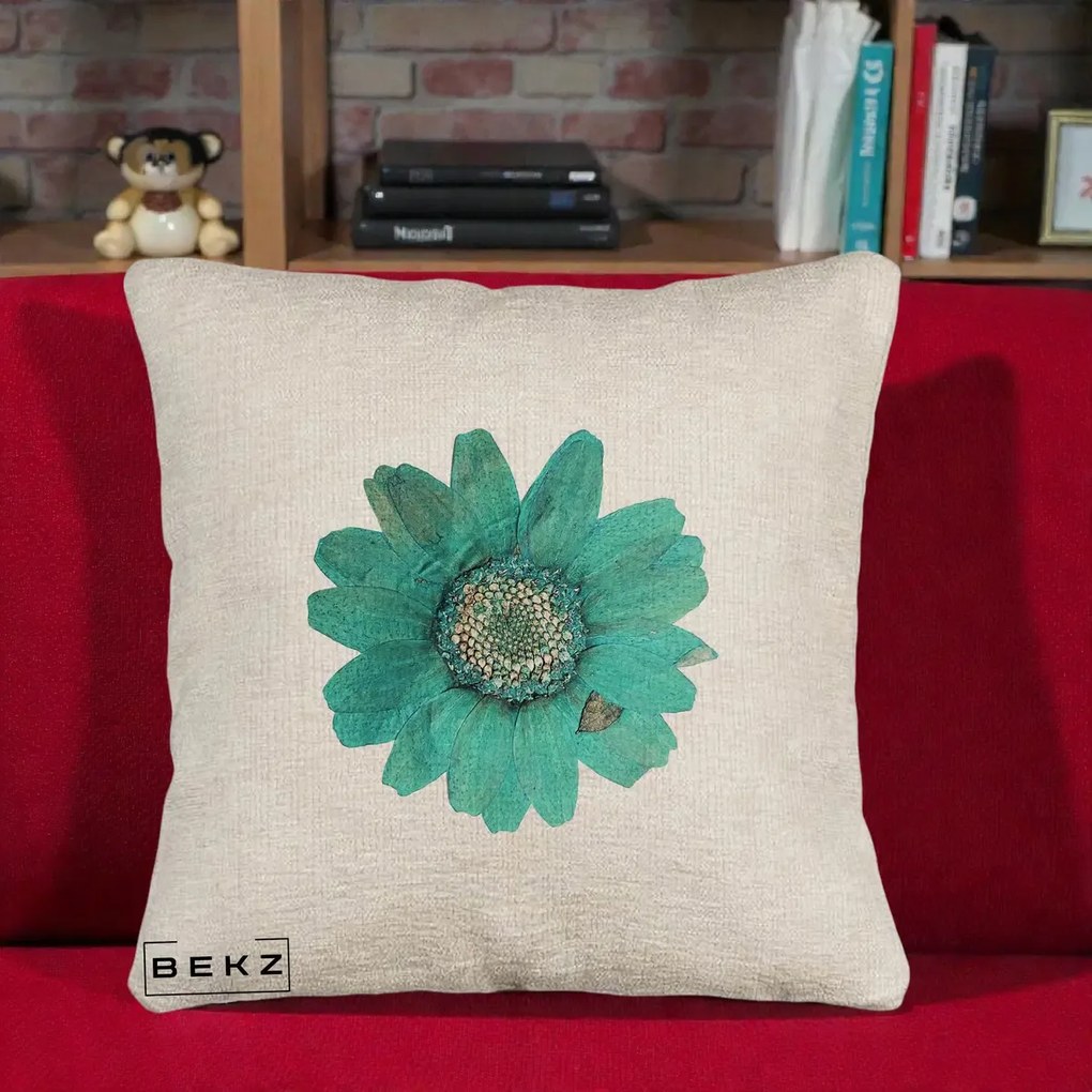 Perna Decorativa Floare Gerbera Teal Acuarela, 40x40 cm, Bej Canapea, Husa Detasabila, Perna Inclusa, BEKZ®