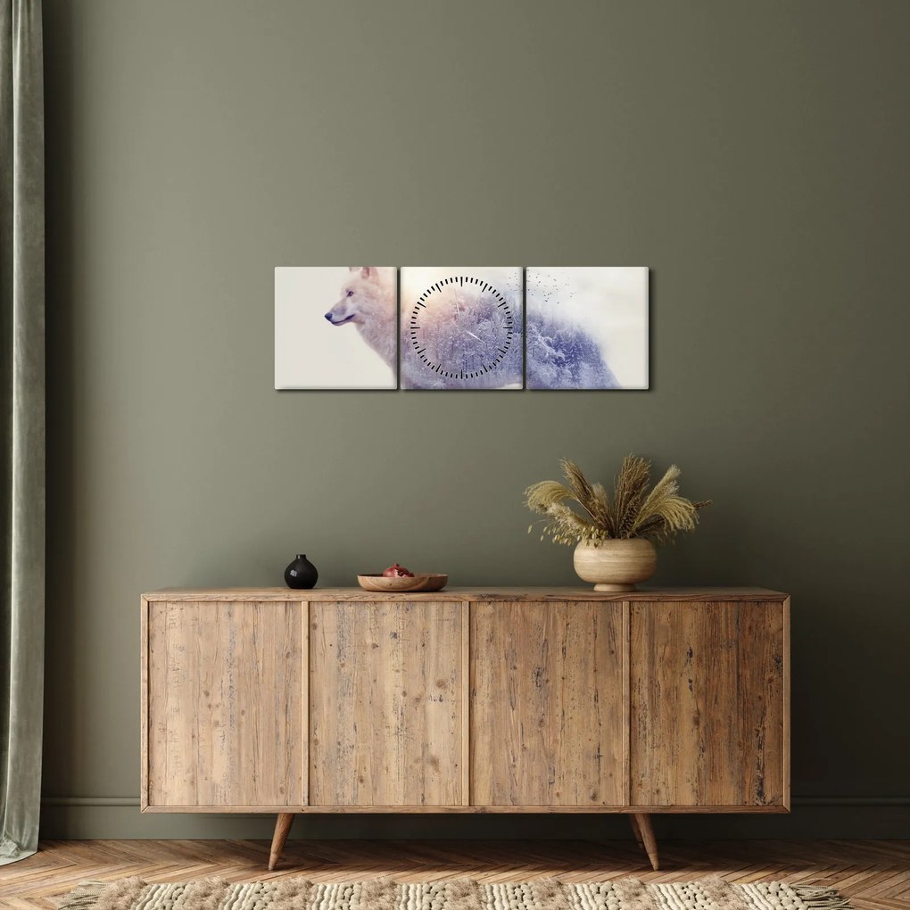Tablou - Lupul arctic oglindit în peisaj sălbatic (cu ceas) (90x30 cm)