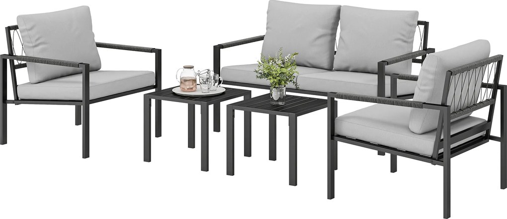 Outsunny Set mobilier grădină 4 persoane rezistent la intemperii set mobilier balcon cu canapea 2 locuri, fotoliu, perne, măsuță Gri deschis | Aosom Romania