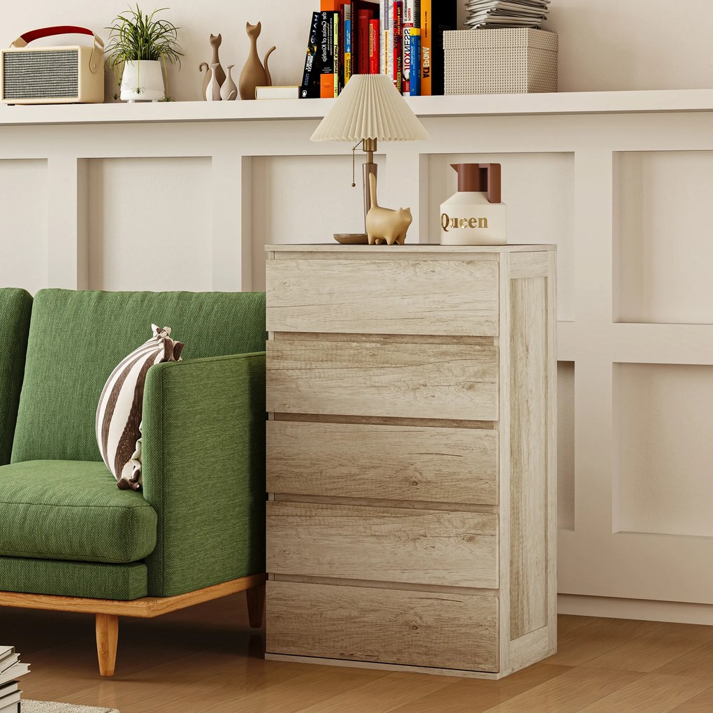 HOMCOM Comodă 5 sertare mobilier de depozitare design minimalist 60 x 38 x 100 cm lemn natural | Aosom Romania