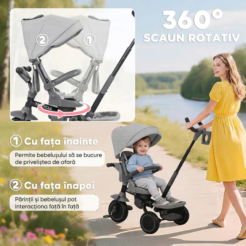 AIYAPLAY Tricicletă Copii 6 în 1, Cărucior și Bicicletă, 1-5 Ani, Max. 25 kg, Pliabilă cu Scaun Rotativ, Copertină, Gri | Aosom Romania