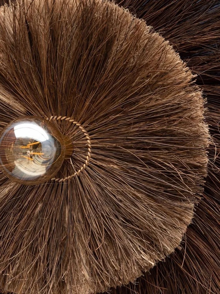 Aplică de perete cu abajur circular tip soare din fibre naturale de bananier și structură din metal antichizat, maro natural, 100 cm, „Inupta"