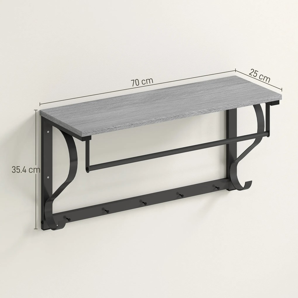 HOMCOM Suport perete garderobă, Cârlige haine montate pe perete, 5 cârlige, raft superior, versatil, Gri | Aosom Romania