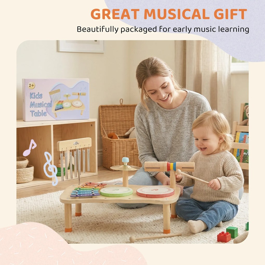 AIYAPLAY Instrumente muzicale pentru copii din lemn Montessori cu tobă xilofon ton dublu talger clopoțel de vânt | Aosom Romania