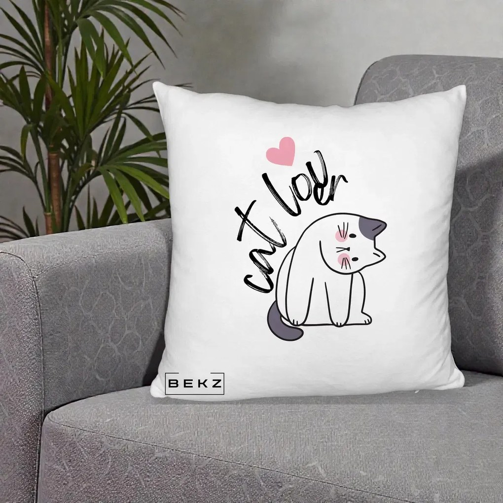 Perna Personalizata Cat Lover Pisica Ilustratie Linie, 40x40 cm, Alb Pufos, Husa Detasabila, Perna Inclusa, BEKZ®