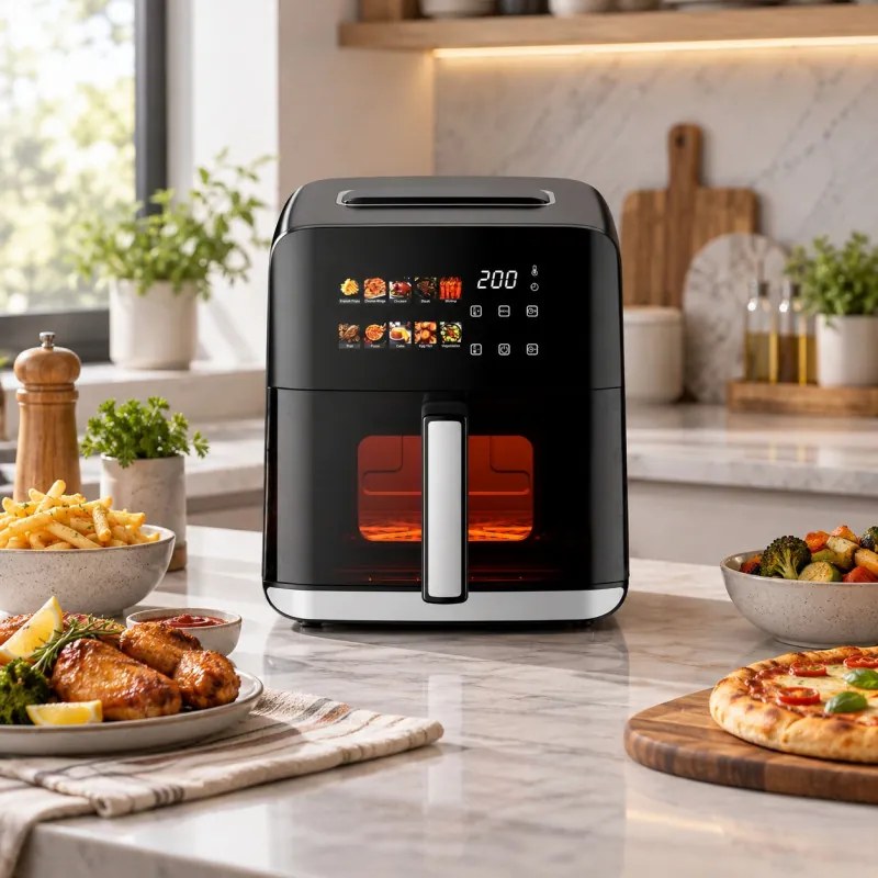 Friteuză cu aer cald Oliver Voltz OV51980CE, 1800 W, 4 l, 80-200 °C, 10 programe, cronometru, fereastră de vizualizare, LED, negru