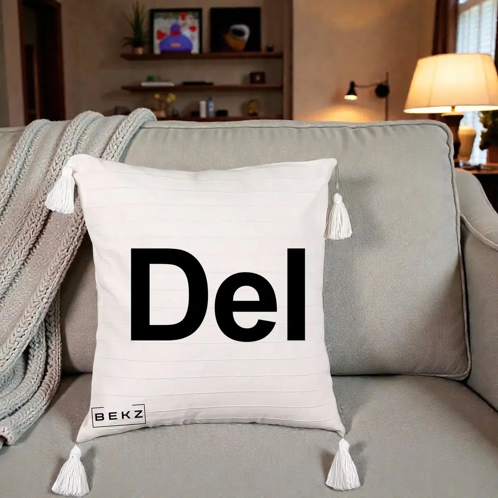 Perna Personalizata Tasta Del Tipografie Bold, 40x40 cm, Bej cu Franjuri, Husa Detasabila, Perna Inclusa, BEKZ®