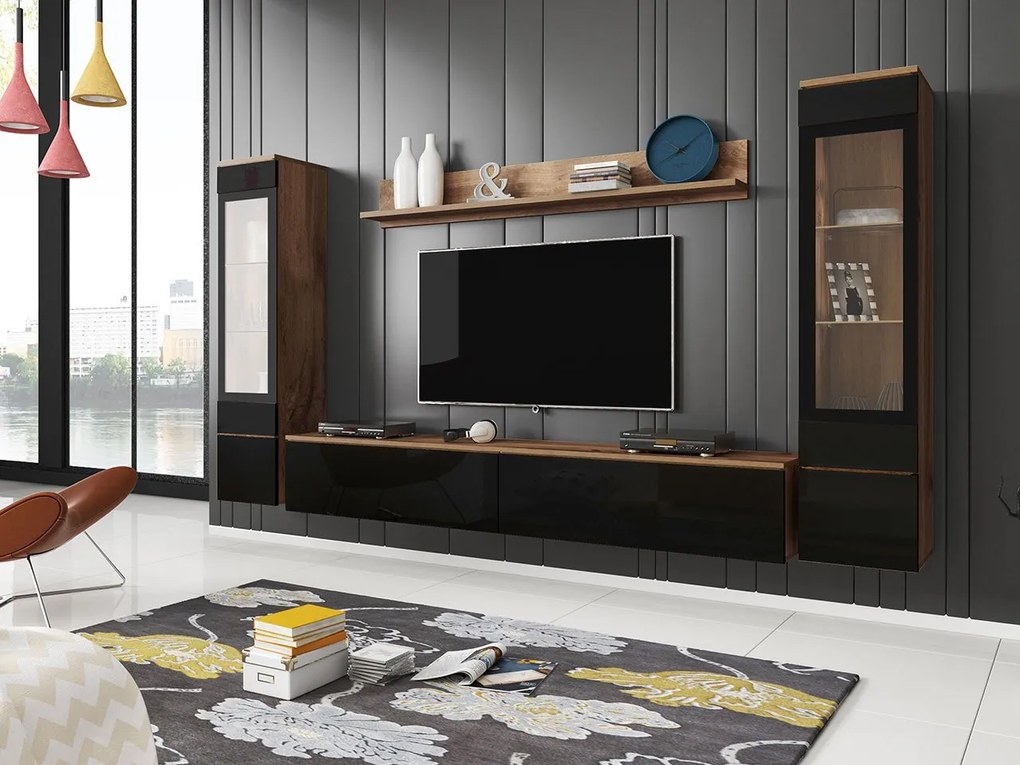Mobilier living Selwyn II (wotan + Negru lucios ) (fără iluminat). 1054048