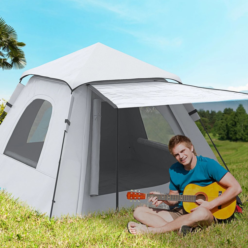 Outsunny Cort de Camping Automat cu Veranda pentru 2-3 Persoane, Cort Pop-Up in Aer Liber, Adapost Portabil pentru Drumetii cu Ferestre cu Plasa, Usa cu Fermoar,Geanta de Transport Portabila | Aosom Romania