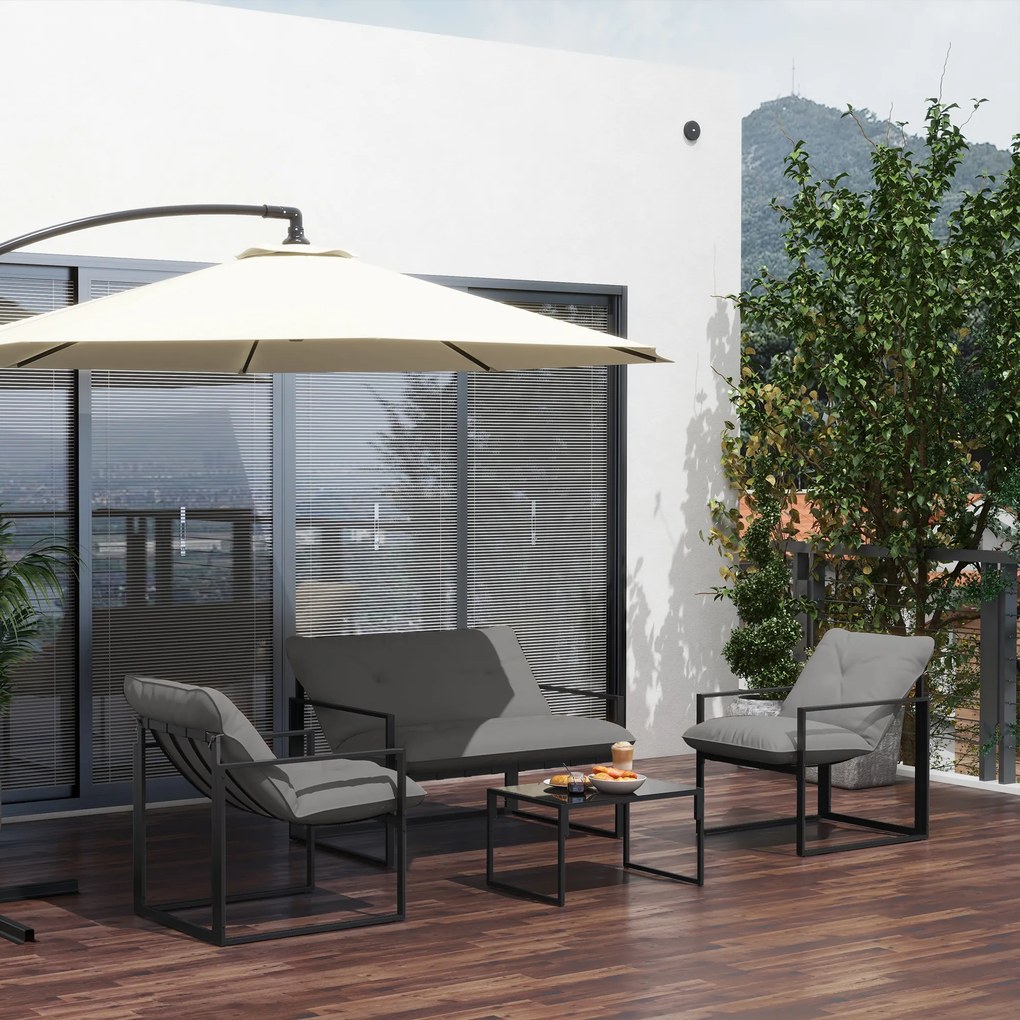 Outsunny Set Mobilier de Exterior cu Măsuță din Sticlă, Canapea, 2 Fotolii și Perne, Gri | Aosom Romania