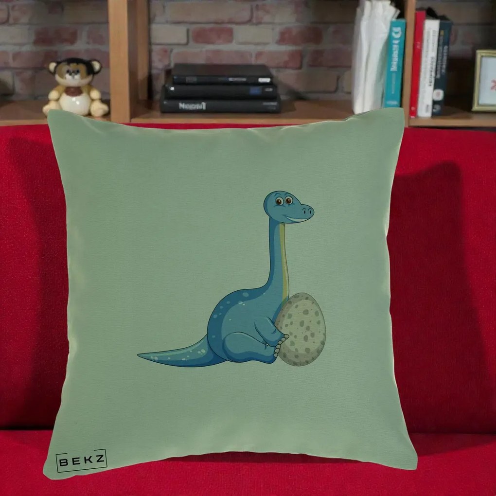 Perna Decorativa Brontosaur cu Ou, 40x40 cm, Verde, Husa Detasabila, Perna Inclusa, BEKZ®