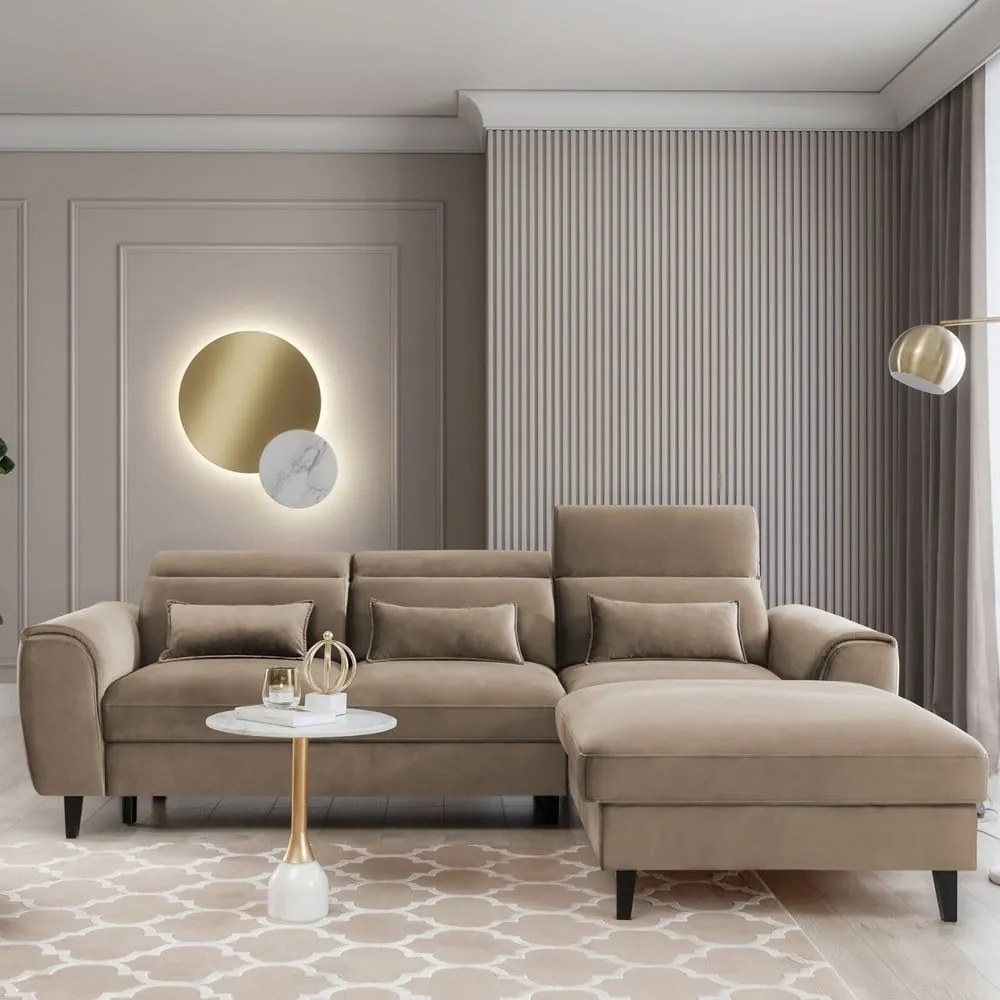 Colțar maro deschis extensibil/cu spațiu de depozitare cu tapițerie din catifea (cu colț pe partea dreaptă/cu șezlong) Foble – ELTAP