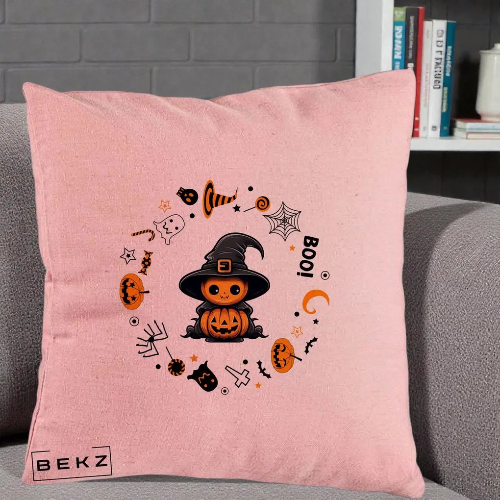 Perna Decorativa Halloween Dovleac Vrajitor Boo cu Simboluri, 40x40 cm, Roz, Husa Detasabila, Perna Inclusa, BEKZ®