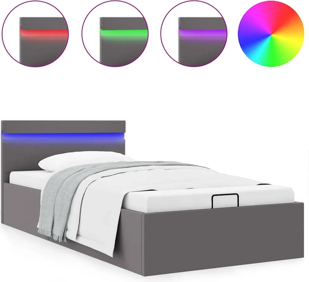 vidaXL Cadru pat hidraulic cu ladă LED gri 90x200 cm piele ecologică