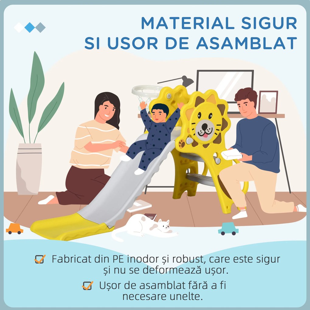 AIYAPLAY Tobogan pentru Copii 2 în 1 cu Coș de Baschet, Tobogan Interior pentru Copii 1-3 ani, 131x50x74 cm, Galben  | Aosom Romania