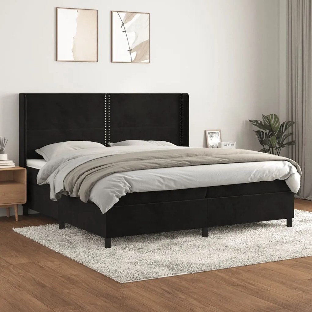 Pat box spring cu saltea, negru, 200x200 cm, catifea Negru, 200 x 200 cm, Culoare unica si cuie de tapiterie