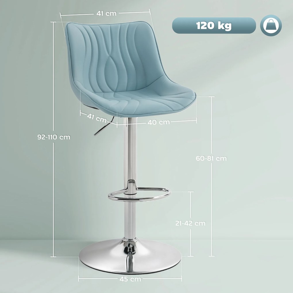 HOMCOM Set de 2 taburete de bar, scaune de bar structură din oțel înălțime reglabilă 92-110 cm, spătar suport pentru picioare albastru închis | Aosom Romania