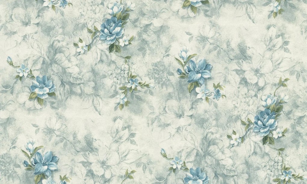 Tapet floral dormitor, albastru, model Septembrie