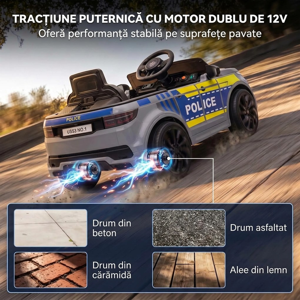 AIYAPLAY Mașină Electrică de Poliție 12V cu Telecomandă, Lumini și Sirenă, Gri | Aosom Romania