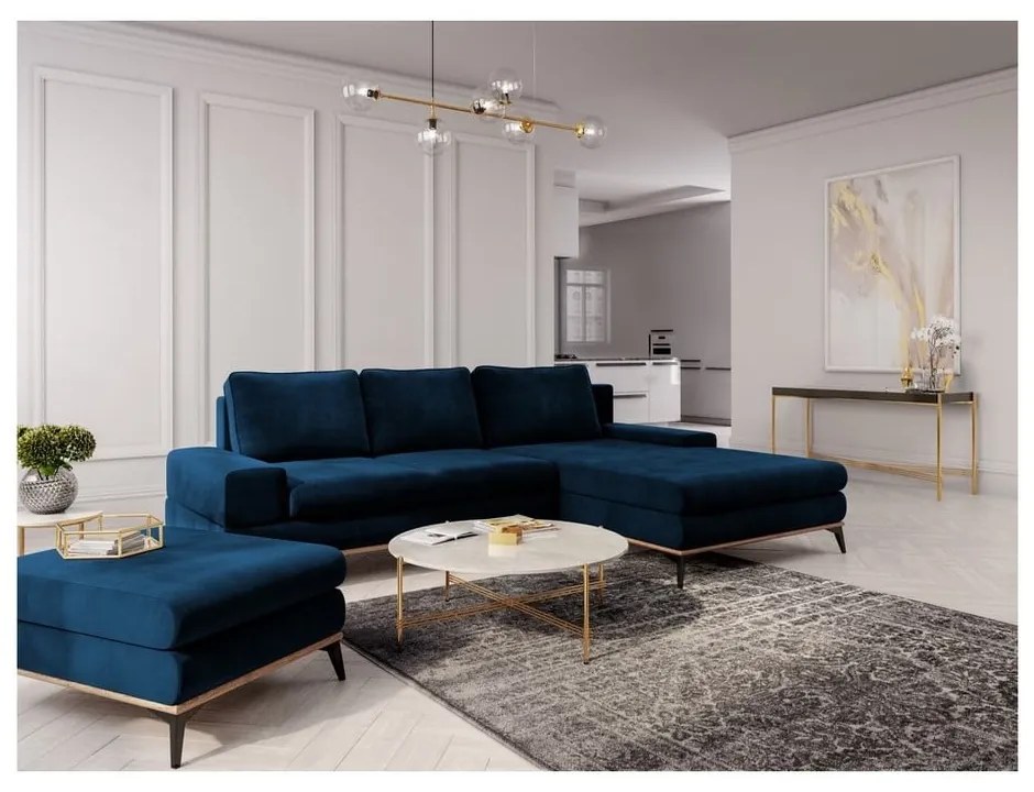 Colțar extensibil cu tapițerie de catifea și șezlong pe partea dreaptă Windsor & Co Sofas Astre, albastru