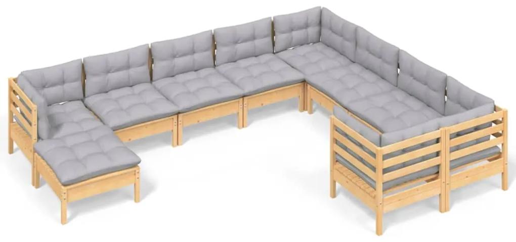 3097030 vidaXL Set mobilier de grădină cu perne gri 10 piese lemn masiv de pin