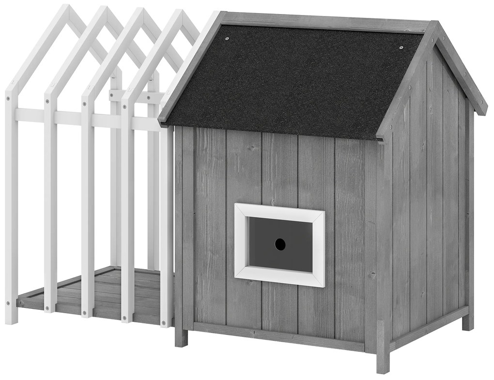 PawHut Niche pentru câine de exterior din lemn casă pentru câine de exterior cu terasă, ușă cu plăci, 106 x 62,5 x 80,5 cm, gri | Aosom Romania