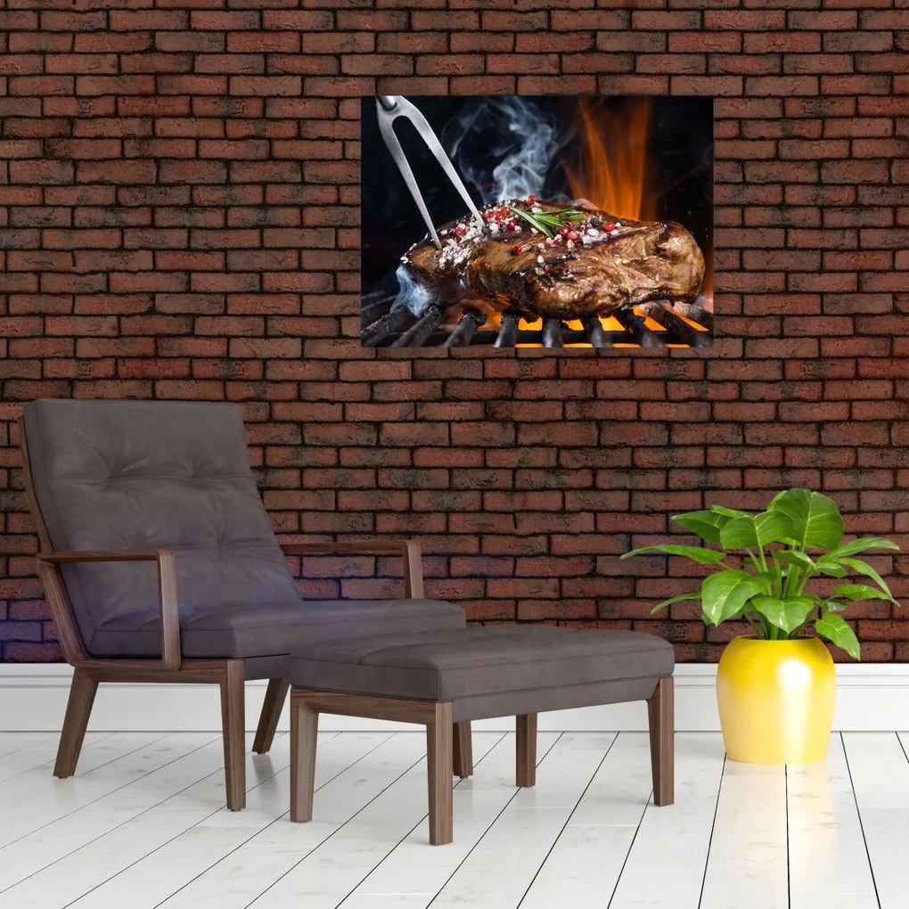 Tablou pe sticlă cu steac pe grill (70x50 cm)