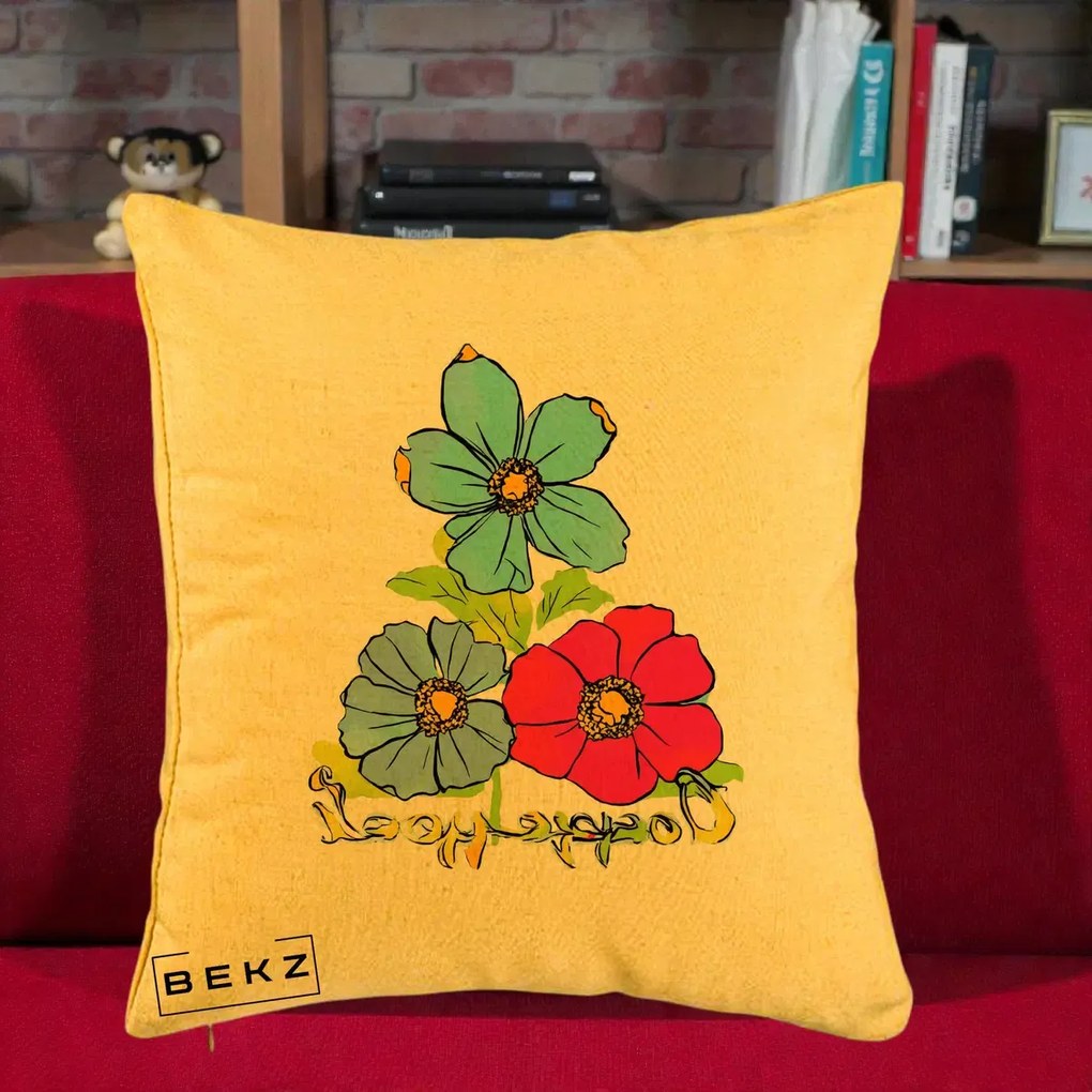 Perna Decorativa Trei Flori Grafice Pop Art, 40x40 cm, Galben, Husa Detasabila, Perna Inclusa, BEKZ®