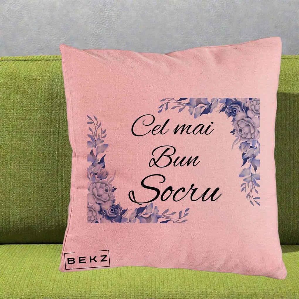 Cadou pentru Socru - Perna Personalizata Cel mai Bun Socru cu Flori Albastre Acuarela, 40x40 cm, Roz, Husa Detasabila, Perna Inclusa, BEKZ®