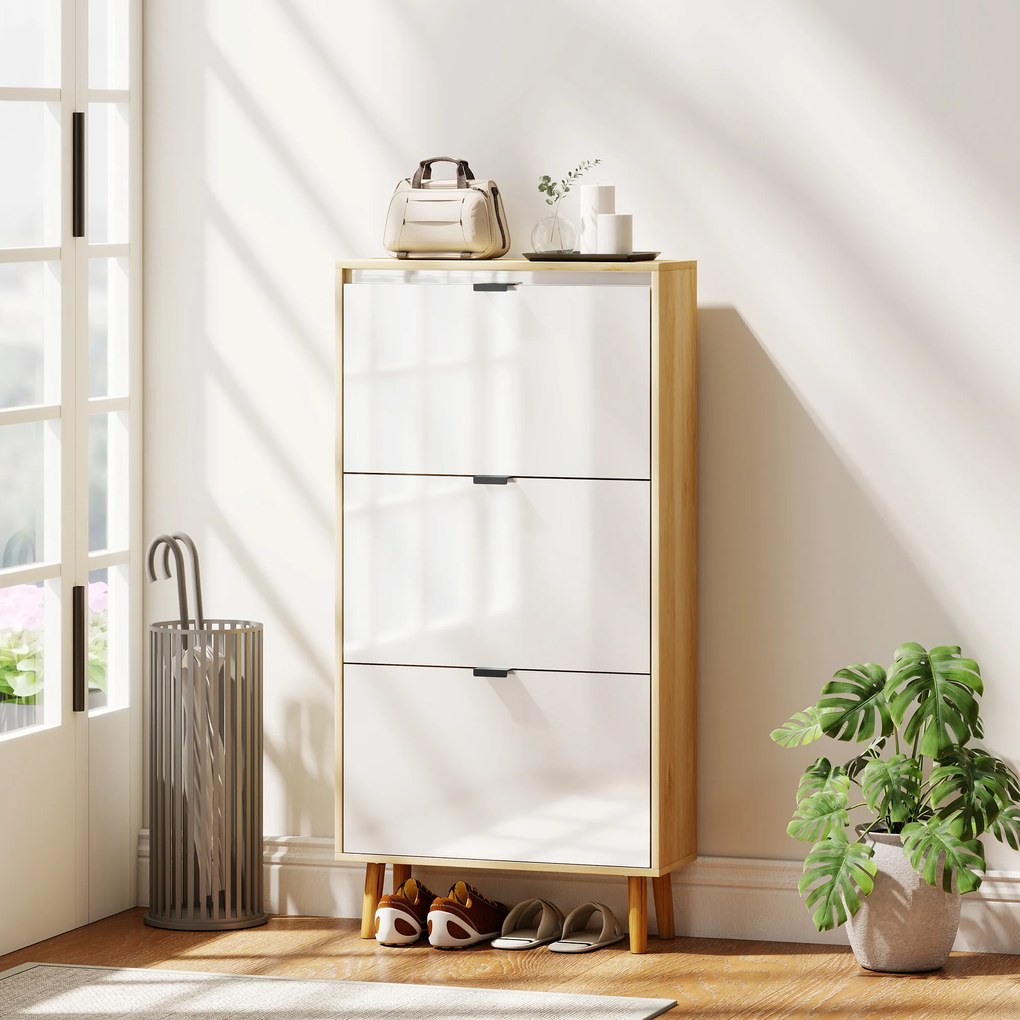 HOMCOM Dulap pentru pantofi, dulap îngust pentru pantofi, 3 sertare rabatabile, ușă înaltă lucioasă, 60x24x127cm, alb | Aosom Romania