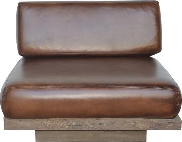 Canapea modulară 1 loc din piele naturală maro, cu bază din lemn reciclat și spătar pe cadru metalic, aspect rustic, 82 x 90 x 90 cm, „Oxford”