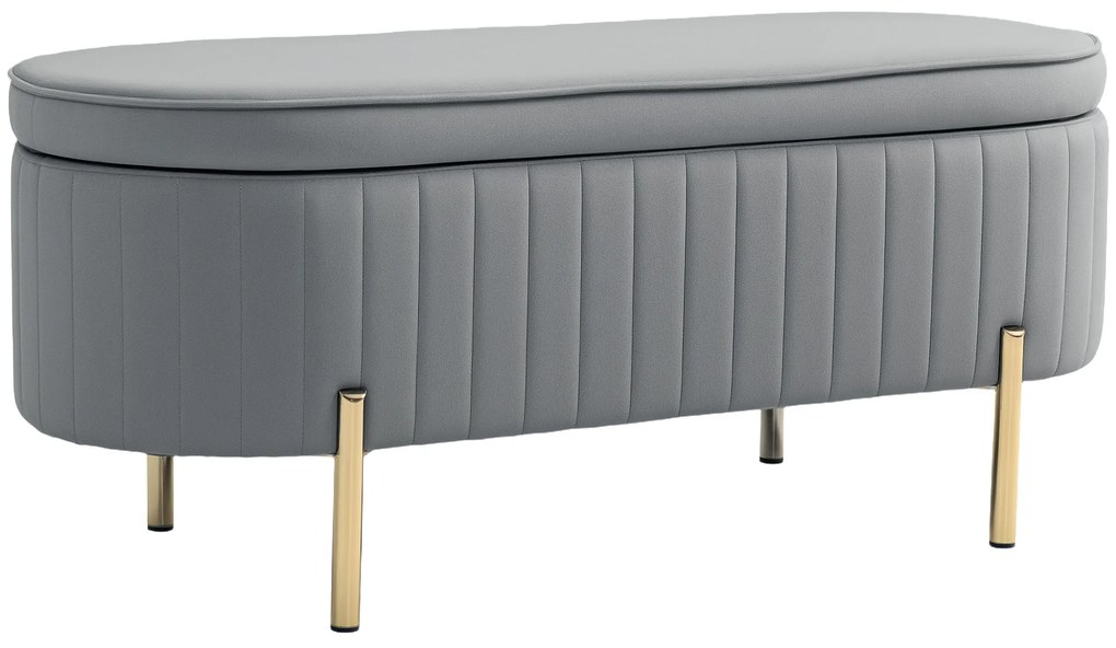 HOMCOM Bancă de Depozitare pentru Intrare Ovală 72L cu Design Scanalat, Capac Ridicabil și Șezut Capitonat, Bancă de la Capătul Patului Pouf în Catifea și Picioare de Lemn de Pin, 108x44x43.5 cm, Gri | Aosom Romania
