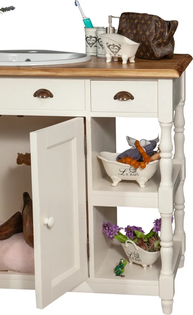 Mobilier de baie din lemn masiv, lavoar ceramica , alb antichizat  natur, L128x54xH92 cm