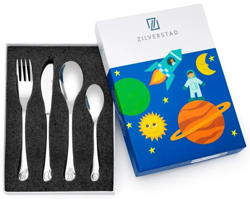 Tacâmuri argintii din oțel inoxidabil pentru copii 4 buc. Space – Zilverstad