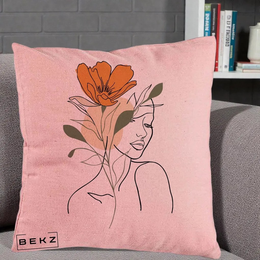 Perna Decorativa Portret Feminin Floare Portocalie, 40x40 cm, Roz, Husa Detasabila, Perna Inclusa, BEKZ®