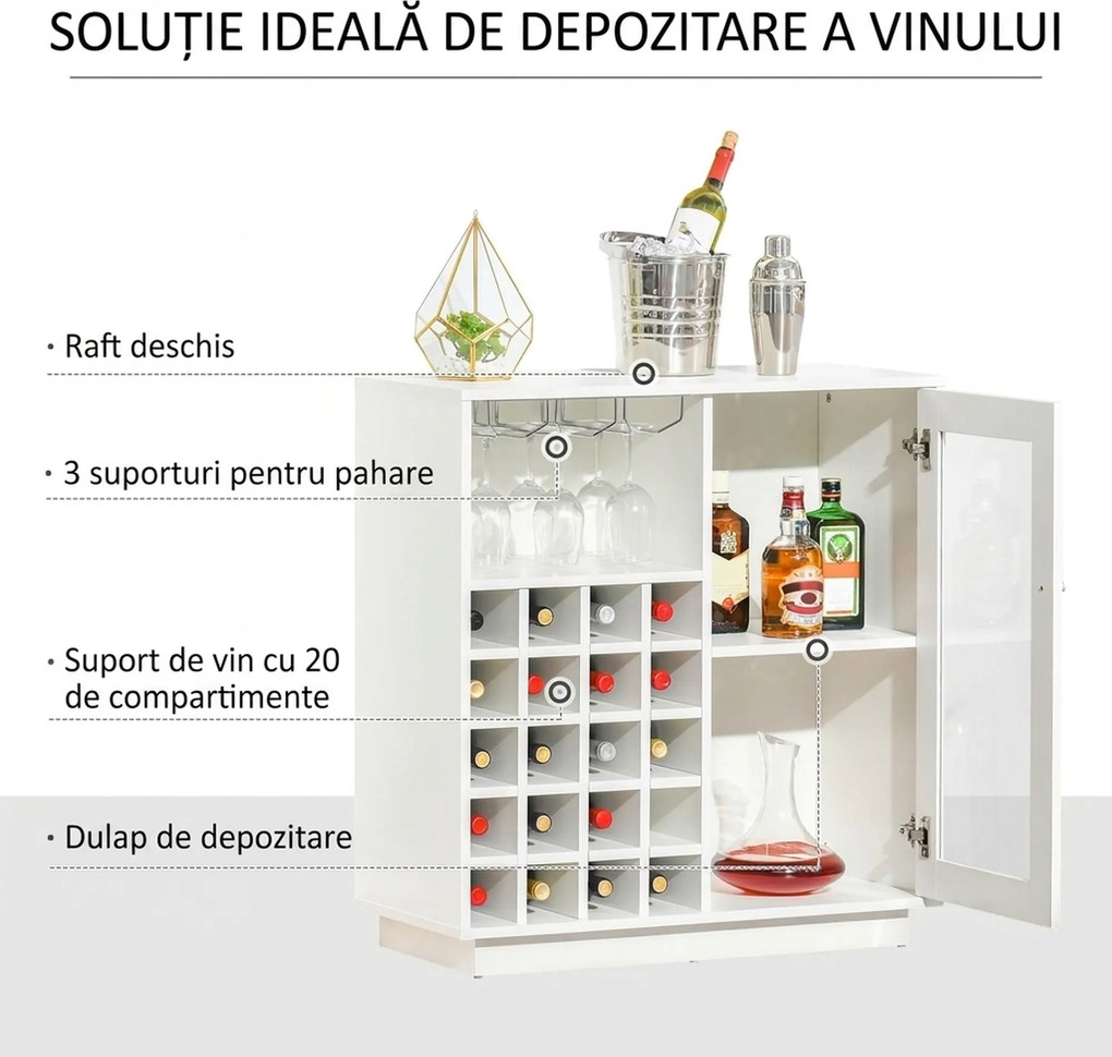 HOMCOM Dulap pentru Sticle cu Suport pentru Pahare și Sticle de Vin, 80x36x85 cm, Alb | Aosom Romania
