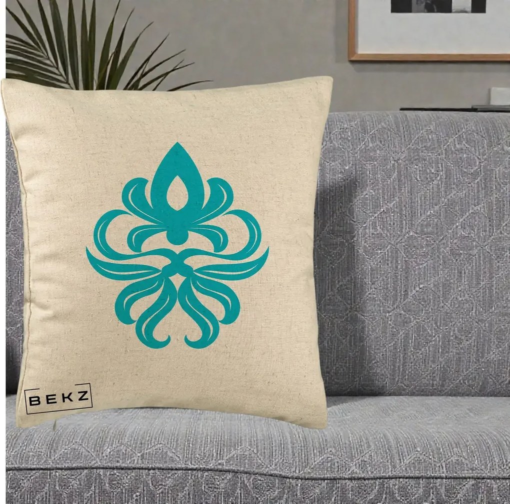 Perna Decorativa Ornament Turcoaz Fleur de Lis, 40x40 cm, Bej, Husa Detasabila, Perna Inclusa, BEKZ®